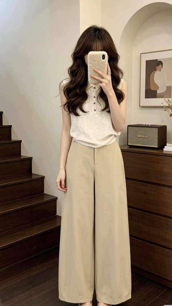 夏日慵懶鬆弛感polo領針織上衣+闊腿褲兩件套裝 夏日慵懶鬆弛感polo領針織上衣+闊腿褲兩件套裝