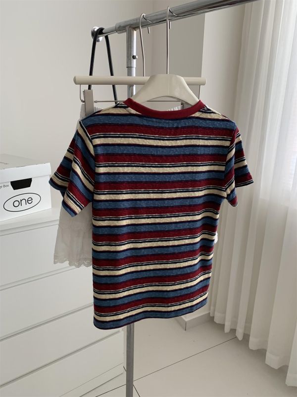 顯白肌理感 復古藍紅撞色透氣t 顯白肌理感 復古藍紅撞色透氣t