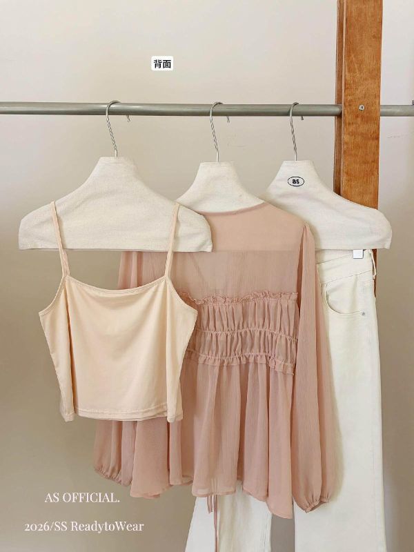 韓系褶皺領V繫帶+小背心兩件套-3色 韓系褶皺領V繫帶+小背心兩件套-3色