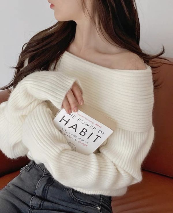 Korea 坑條一字領針織毛衣-4色 Korea 坑條一字領針織毛衣-4色