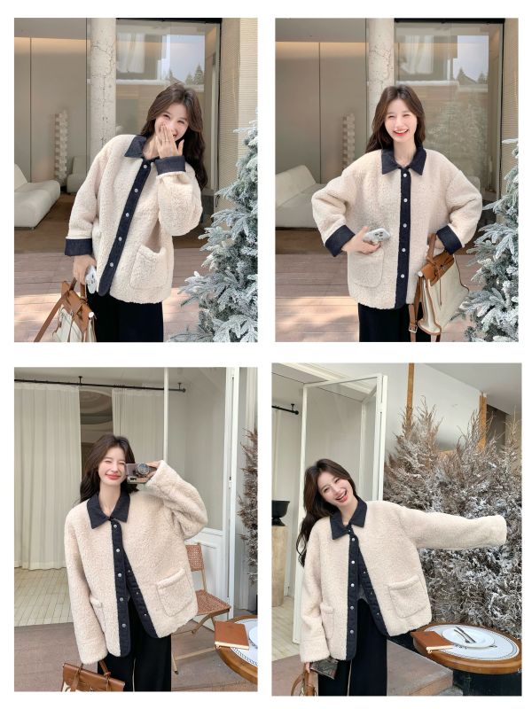 拼接牛仔設計感翻領仿羊毛保暖麂皮絨外套-3色 拼接牛仔設計感翻領仿羊毛保暖麂皮絨外套-3色