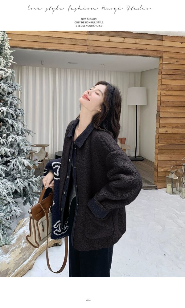 拼接牛仔設計感翻領仿羊毛保暖麂皮絨外套-3色 拼接牛仔設計感翻領仿羊毛保暖麂皮絨外套-3色