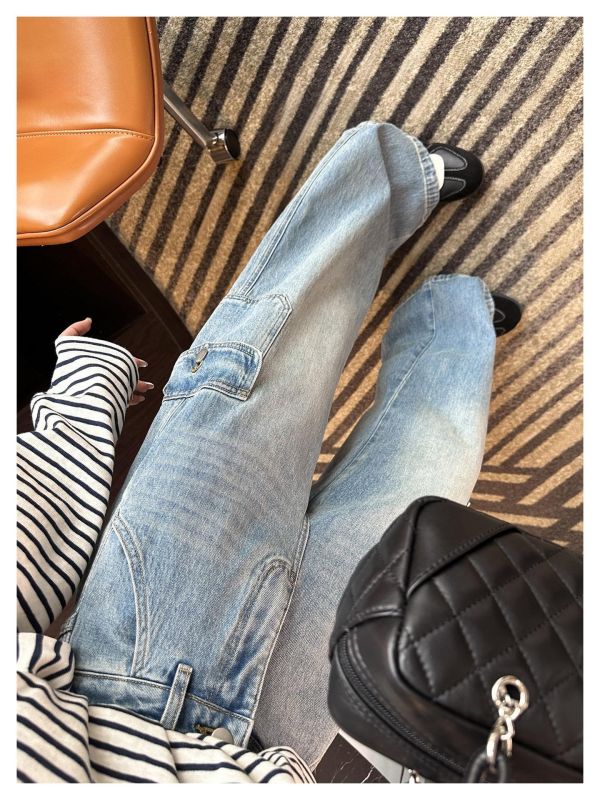 工裝大口袋設計感牛仔直筒神褲-2色 工裝大口袋設計感牛仔直筒神褲-2色