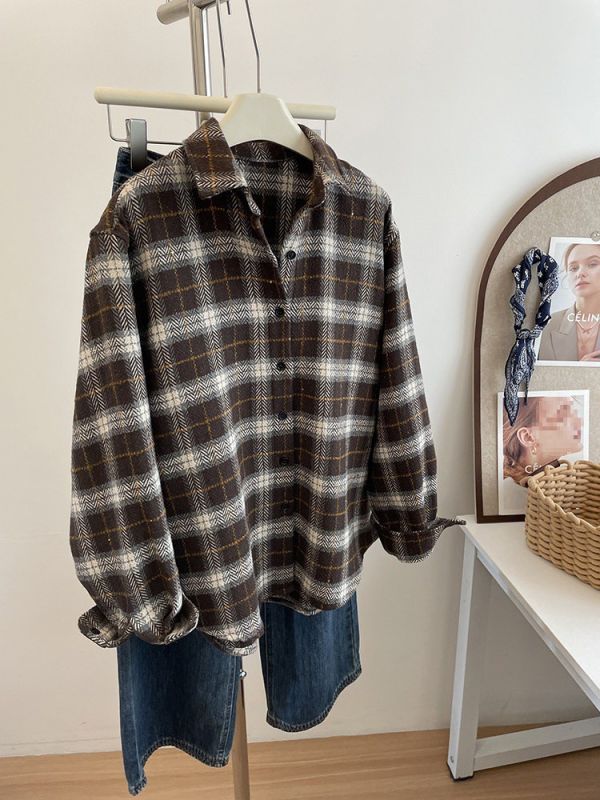 金絲勾線復古加厚格子襯衫外套-2色 金絲勾線復古加厚格子襯衫外套-2色