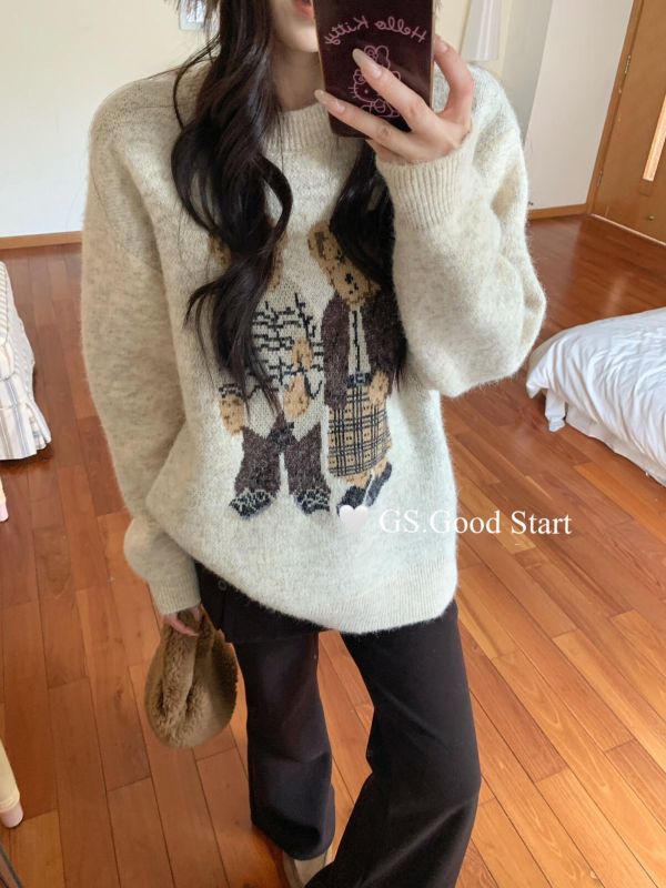 寬鬆小熊圖案 慵懶風保暖毛衣-3色 寬鬆小熊圖案 慵懶風保暖毛衣-3色