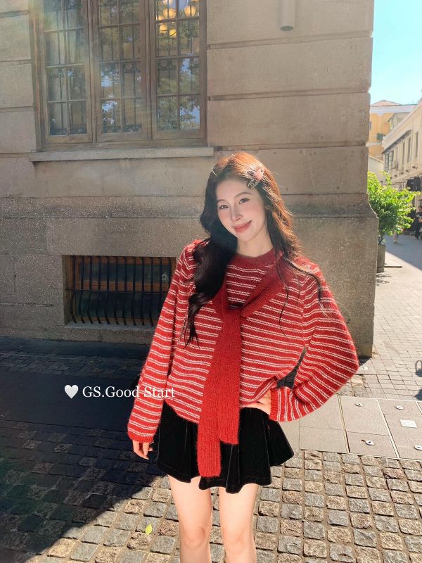 韓系條紋撞色針織衫（配披肩）-3色 韓系條紋撞色針織衫（配披肩）-3色