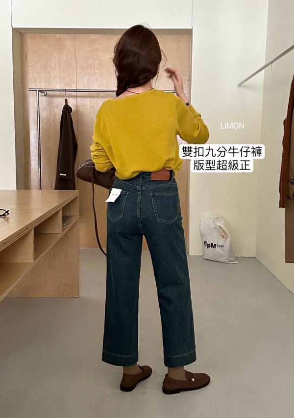 雙扣設計復古高腰牛仔九分褲 雙扣設計復古高腰牛仔九分褲