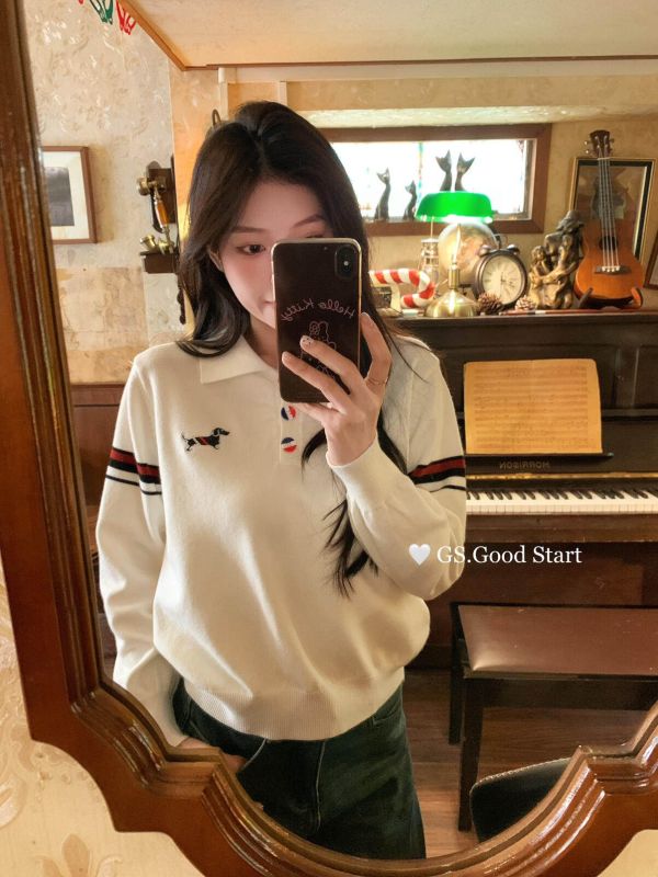 韓系學院風氣質刺繡小狗polo領針織上衣-4色 韓系學院風氣質刺繡小狗polo領針織上衣-4色