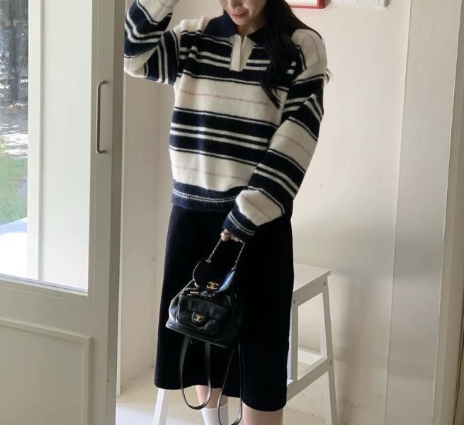 Korea 超美撞色條紋POLO領條紋毛衣-3色 Korea 超美撞色條紋POLO領條紋毛衣-3色