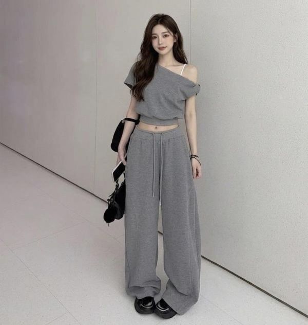 扭結斜肩上衣＋褲子SET-3色 扭結斜肩上衣＋褲子SET-3色