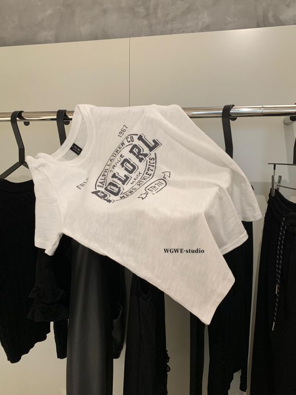 簡約做舊字母印花美式竹節棉上衣-2色 簡約做舊字母印花美式竹節棉上衣-2色