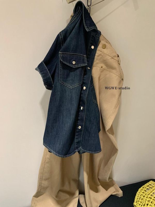 夏季美式復古休閒口袋牛仔襯衫 夏季美式復古休閒口袋牛仔襯衫