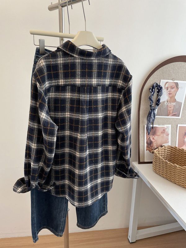 金絲勾線復古加厚格子襯衫外套-2色 金絲勾線復古加厚格子襯衫外套-2色