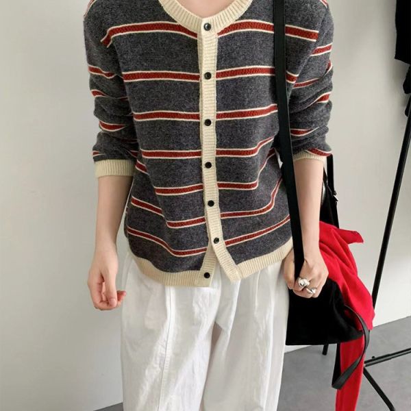 復古雙色條紋針織開衫-3色 復古雙色條紋針織開衫-3色