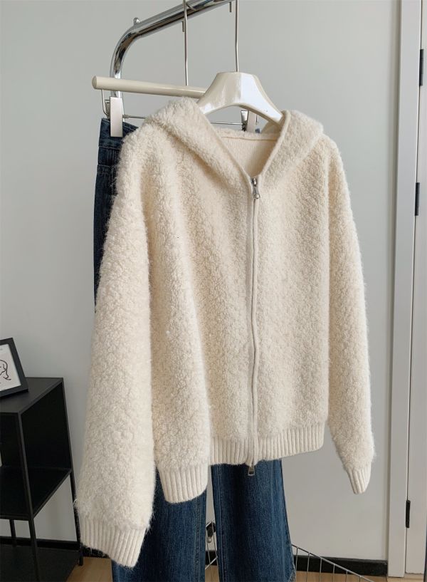 溫柔米白色羊毛圈圈紗連帽鬆弛感針織外套 溫柔米白色羊毛圈圈紗連帽鬆弛感針織外套