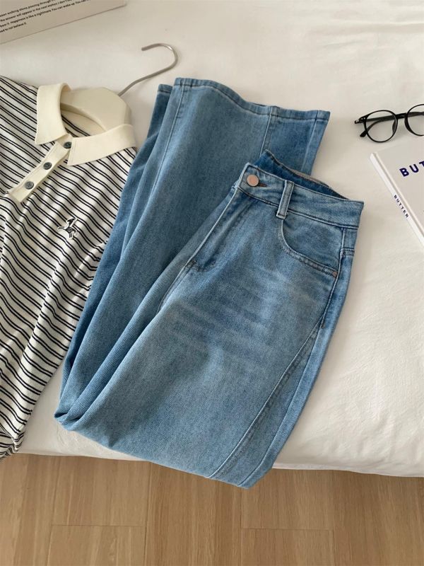 設計感拼接闊腿彎刀褲高腰顯瘦牛仔 設計感拼接闊腿彎刀褲高腰顯瘦牛仔