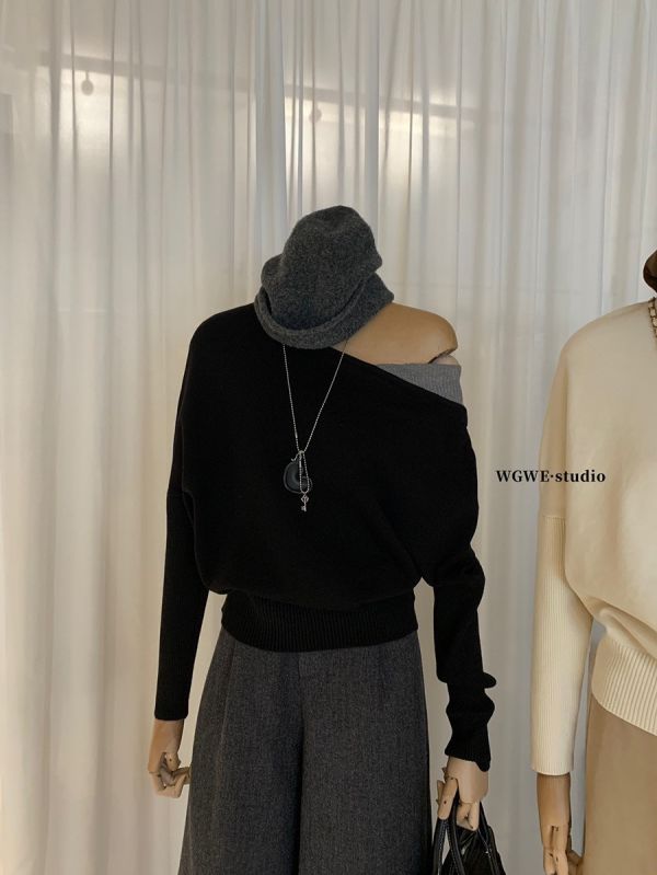 溫柔百搭顯瘦斜肩撞色針織上衣-4色 溫柔百搭顯瘦斜肩撞色針織上衣-4色