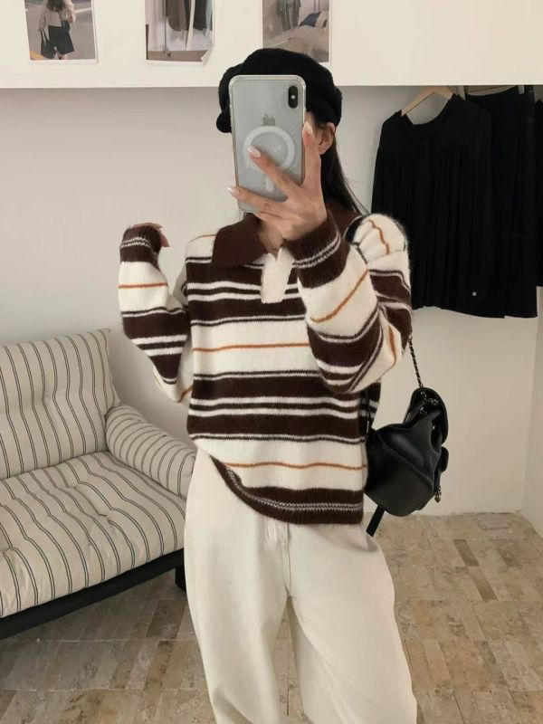 Korea 超美撞色條紋POLO領條紋毛衣-3色 Korea 超美撞色條紋POLO領條紋毛衣-3色