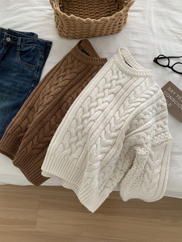 韓版粗針麻花加厚保暖羊毛針織上衣-3色 韓版粗針麻花加厚保暖羊毛針織上衣-3色