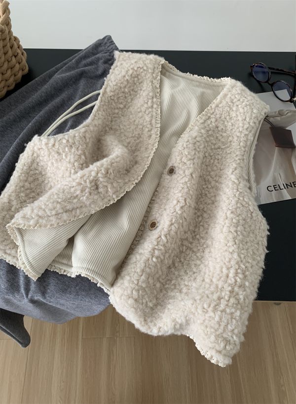 兩面穿溫柔復古花邊V領羊羔毛燈芯絨背心 兩面穿溫柔復古花邊V領羊羔毛燈芯絨背心