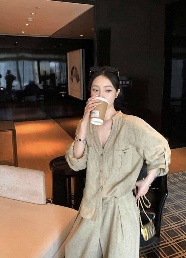 老錢亞麻百搭襯衫+寬鬆闊腿褲鬆弛感兩件套裝 老錢亞麻百搭襯衫+闊腿褲兩件套