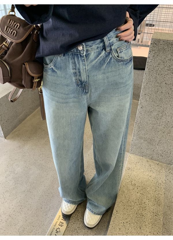 重工水洗口袋刺繡高腰直筒牛仔休閒長褲 重工水洗口袋刺繡高腰直筒牛仔休閒長褲