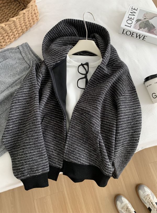 慵懶鬆弛感條紋廓形拉鍊連帽外套-2色 慵懶鬆弛感條紋廓形拉鍊連帽外套-2色