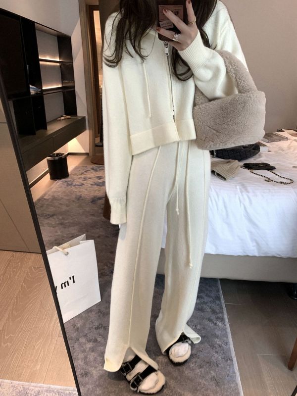 寬鬆連帽針織開衫+闊腿褲休閒套裝-3色 寬鬆連帽針織開衫+闊腿褲休閒套裝-3色