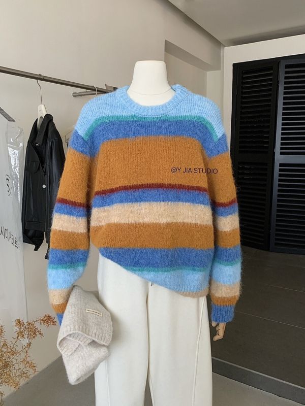韓系多巴胺條紋撞色保暖毛衣 韓系多巴胺條紋撞色保暖毛衣