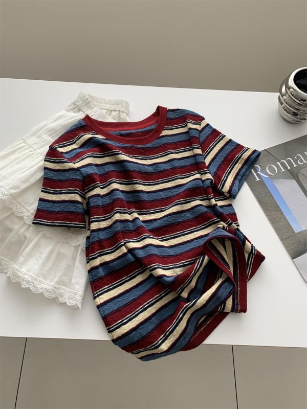 顯白肌理感 復古藍紅撞色透氣t 顯白肌理感 復古藍紅撞色透氣t