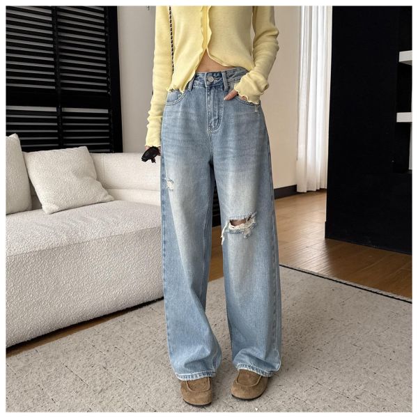 滿滿活力～洋氣淺色破洞直筒闊腿褲 滿滿活力～洋氣淺色破洞直筒闊腿褲