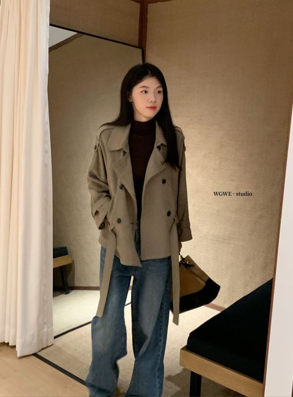 美式復古麂皮絨雙排扣綁帶翻領外套 美式復古麂皮絨雙排扣綁帶翻領外套