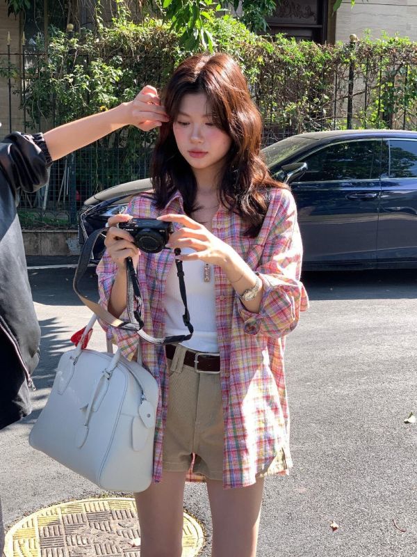 韓風寬鬆彩格休閒防曬襯衫上衣 韓風寬鬆彩格休閒防曬襯衫上衣