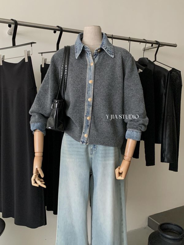 假兩件牛仔拼接翻領撞色針織上衣-4色 假兩件牛仔拼接翻領撞色針織上衣-4色