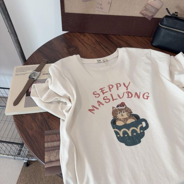 茶杯貓咪卡通印花T恤-2色 茶杯貓咪卡通印花T恤-2色