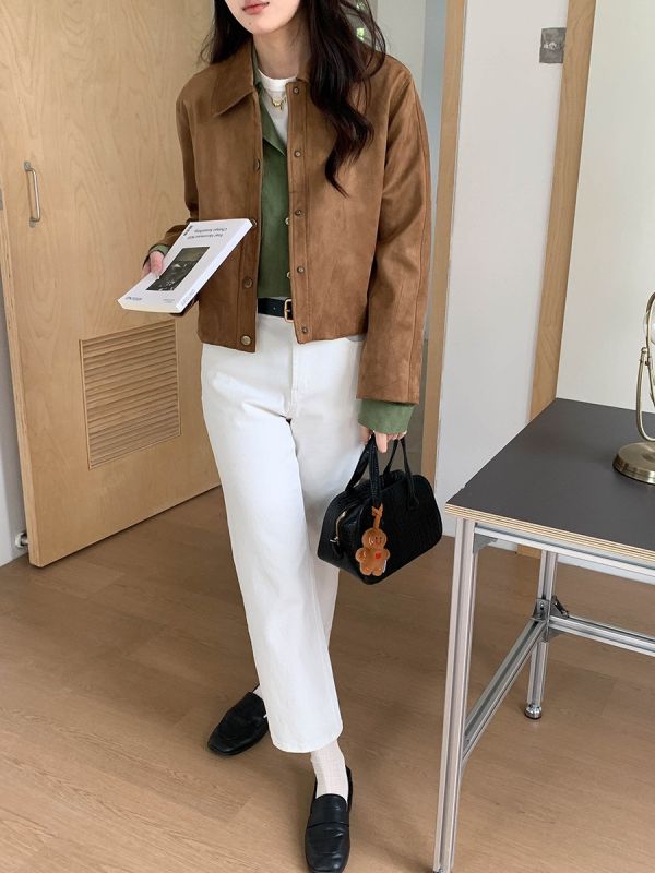 復古仿麂皮絨翻領顯瘦短款外套 復古仿麂皮絨翻領顯瘦短款外套