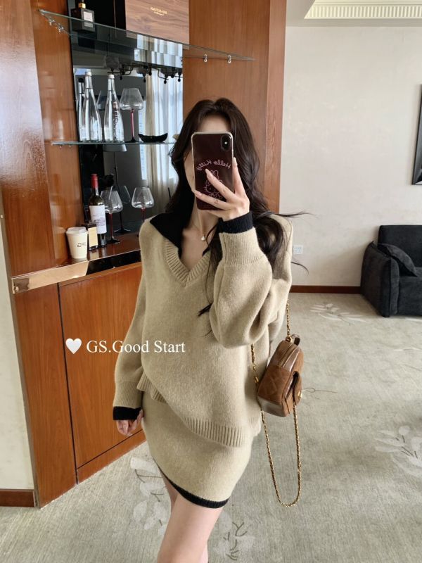 學院風撞色氣質針織衫+半身裙兩件套套裝-5色 學院風撞色氣質針織衫+半身裙兩件套套裝-5色