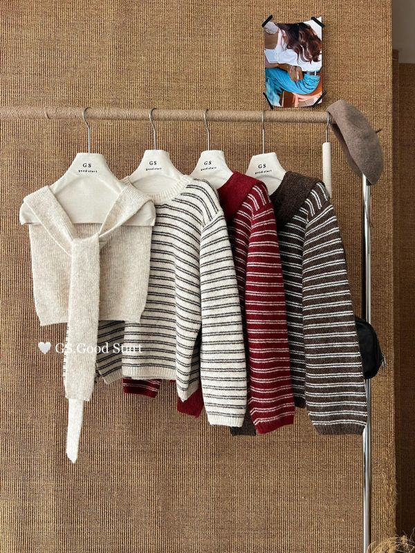 韓系條紋撞色針織衫（配披肩）-3色 韓系條紋撞色針織衫（配披肩）-3色