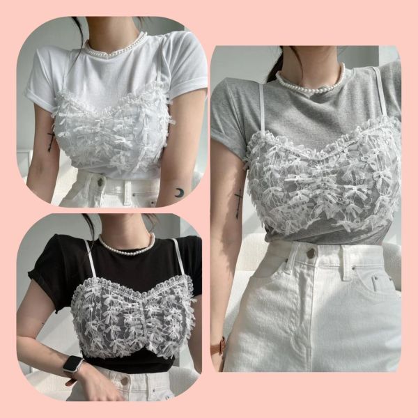 Korea 細肩蕾絲拼接假兩件T恤-3色 Korea 細肩蕾絲拼接假兩件T恤-3色