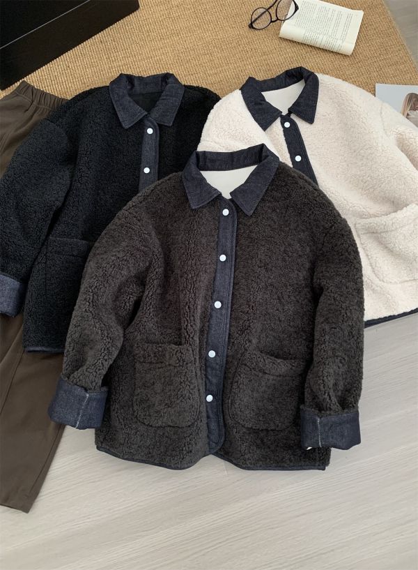 拼接牛仔設計感翻領仿羊毛保暖麂皮絨外套-3色 拼接牛仔設計感翻領仿羊毛保暖麂皮絨外套-3色