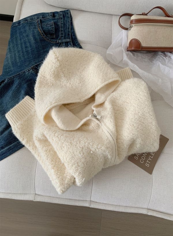 溫柔米白色羊毛圈圈紗連帽鬆弛感針織外套 溫柔米白色羊毛圈圈紗連帽鬆弛感針織外套