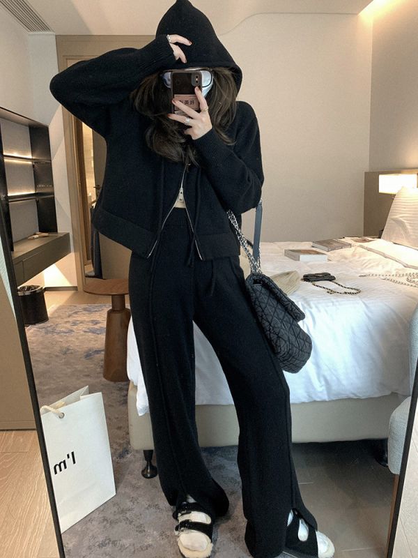 寬鬆連帽針織開衫+闊腿褲休閒套裝-3色 寬鬆連帽針織開衫+闊腿褲休閒套裝-3色