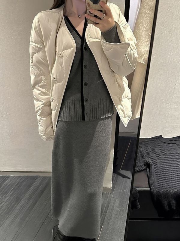 撞色小香風氣質單排扣v領上衣+半身裙套裝-3色 撞色小香風氣質單排扣v領上衣+半身裙套裝-3色