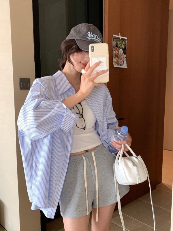 韓系簡約條紋減齡寬鬆防曬襯衫-2色 韓系簡約條紋減齡寬鬆防曬襯衫-2色