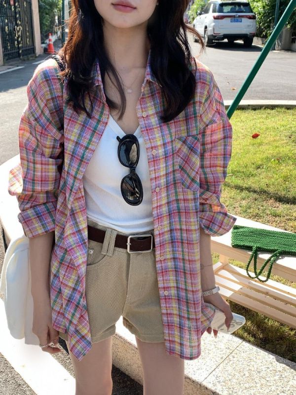 韓風寬鬆彩格休閒防曬襯衫上衣 韓風寬鬆彩格休閒防曬襯衫上衣