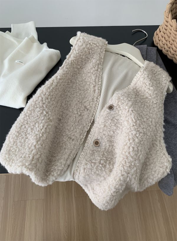 兩面穿溫柔復古花邊V領羊羔毛燈芯絨背心 兩面穿溫柔復古花邊V領羊羔毛燈芯絨背心