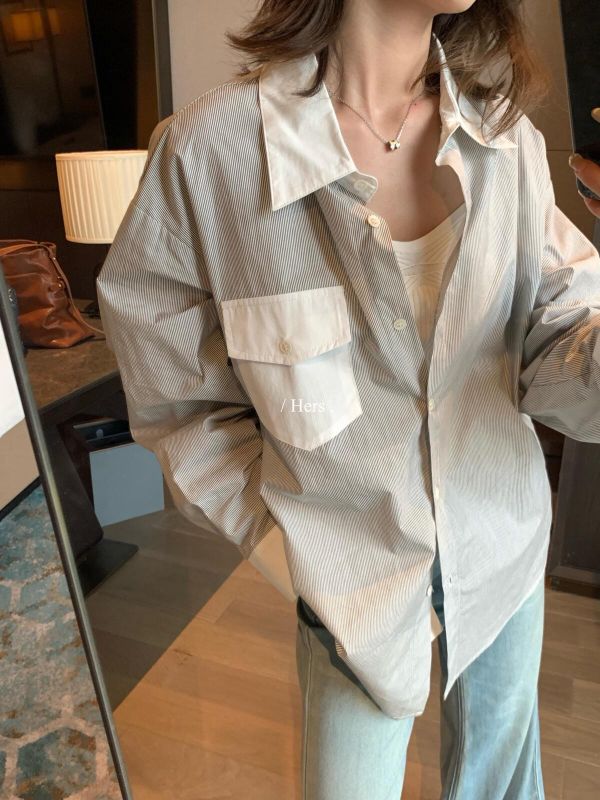 日常簡約高知細條紋口袋襯衫上衣-3色 日常簡約高知細條紋口袋襯衫上衣-3色