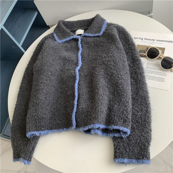 撞色翻領韓系鑲邊柔軟上衣罩衫-3色 撞色翻領韓需要鑲邊柔軟上衣罩衫-3色