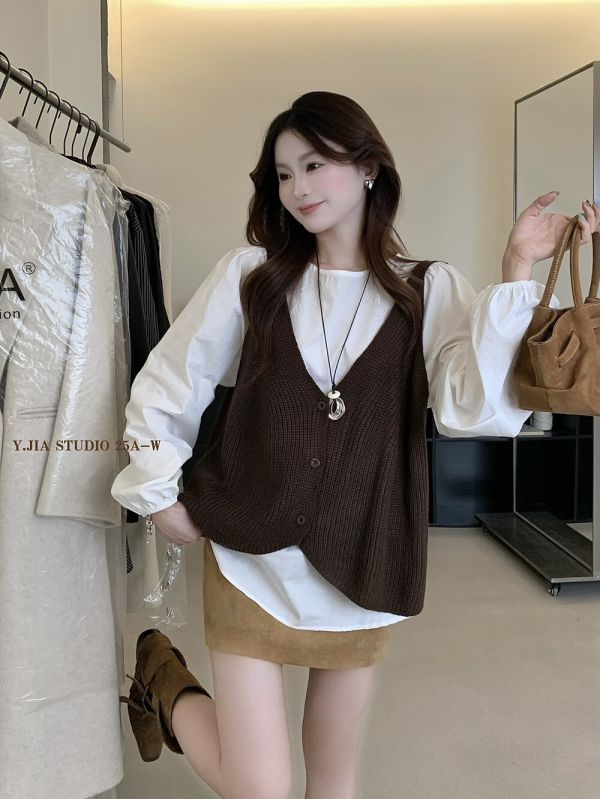 韓系寬鬆顯瘦襯衫+V領針織馬甲背心-4色 韓系寬鬆顯瘦襯衫+V領針織馬甲背心-4色