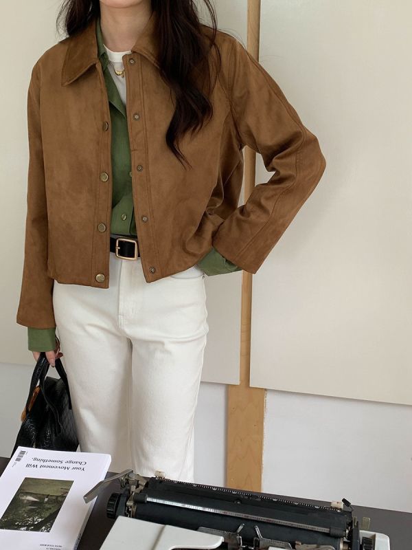 復古仿麂皮絨翻領顯瘦短款外套 復古仿麂皮絨翻領顯瘦短款外套